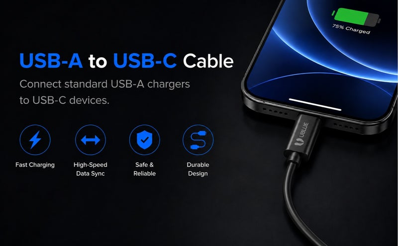 يوبلو كابل UBLUE من نوع USB-A إلى USB-C، بحد أقصى 3 أمبير، لنقل البيانات USB 2.0، طوله 3 أمتار، أسود، متوافق مع أجهزة iPhone من سلسلة 17-15، وGalaxy S25، وApple Watch، وiPad Pro، وMacBook Pro، وPS5 - Image 2