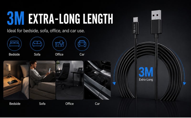 يوبلو كابل UBLUE من نوع USB-A إلى USB-C، بحد أقصى 3 أمبير، لنقل البيانات USB 2.0، طوله 3 أمتار، أسود، متوافق مع أجهزة iPhone من سلسلة 17-15، وGalaxy S25، وApple Watch، وiPad Pro، وMacBook Pro، وPS5 - Image 3