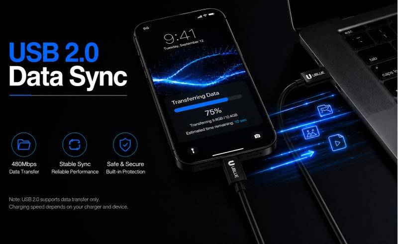 يوبلو كابل UBLUE من نوع USB-A إلى USB-C، بحد أقصى 3 أمبير، لنقل البيانات USB 2.0، طوله 3 أمتار، أسود، متوافق مع أجهزة iPhone من سلسلة 17-15، وGalaxy S25، وApple Watch، وiPad Pro، وMacBook Pro، وPS5 - Image 4