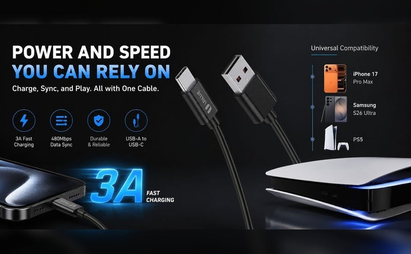 يوبلو كابل UBLUE من نوع USB-A إلى USB-C، بحد أقصى 3 أمبير، لنقل البيانات USB 2.0، طوله 3 أمتار، أسود، متوافق مع أجهزة iPhone من سلسلة 17-15، وGalaxy S25، وApple Watch، وiPad Pro، وMacBook Pro، وPS5 - Image 5