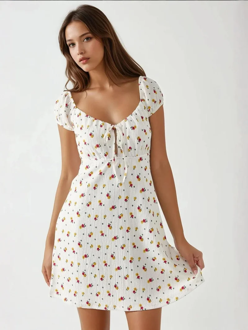 زوبعة فستان قصير مزهر بنقوش بارزة