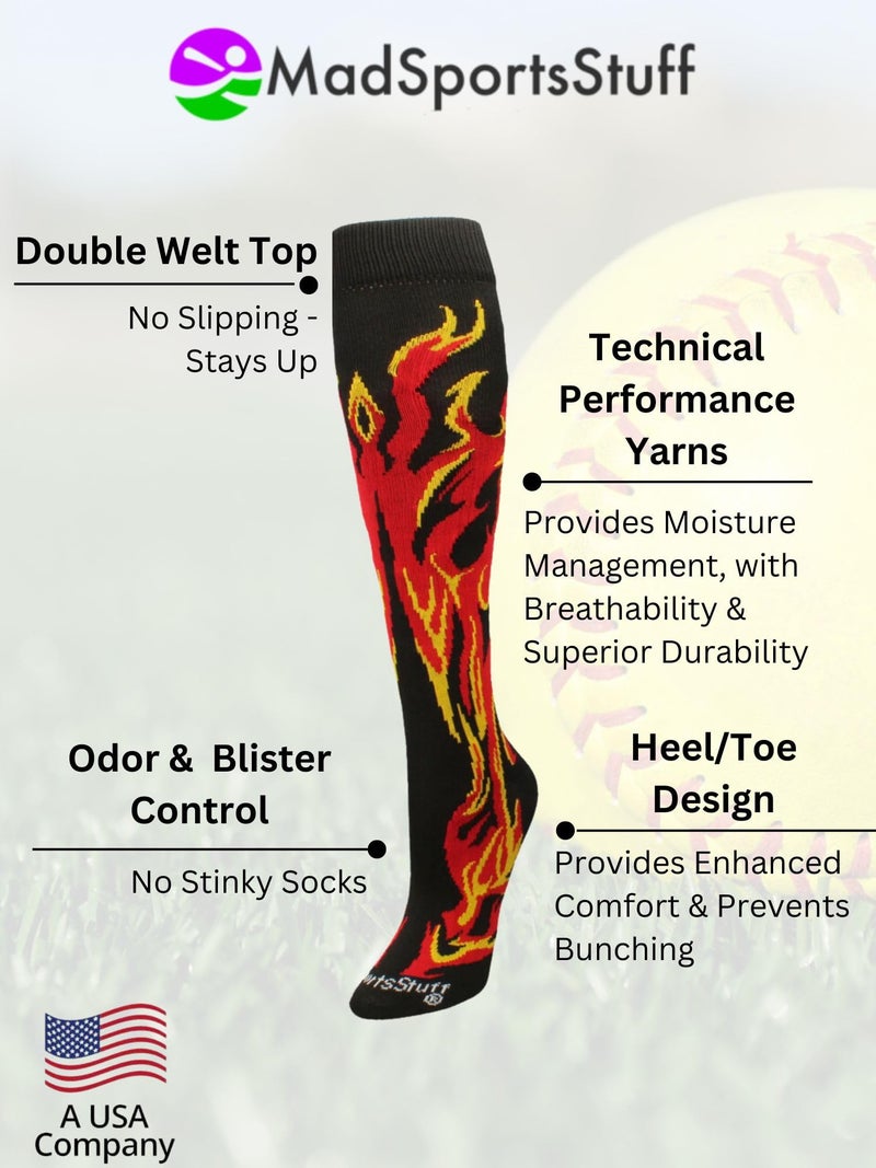 MadSportsStuff Flame Socks Athletic Over the Calf Socks (Black/Red/Gold, Medium) - Image 3