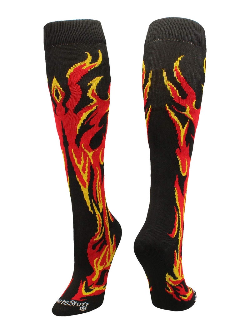 MadSportsStuff Flame Socks Athletic Over the Calf Socks (Black/Red/Gold, Medium) - Image 1