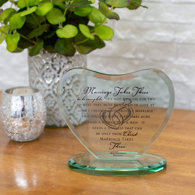 Dicksons Marriage Takes Three Heart Shaped Black Letter 7 x 7.5 Glass Table Top Sign Plaque - Image 2