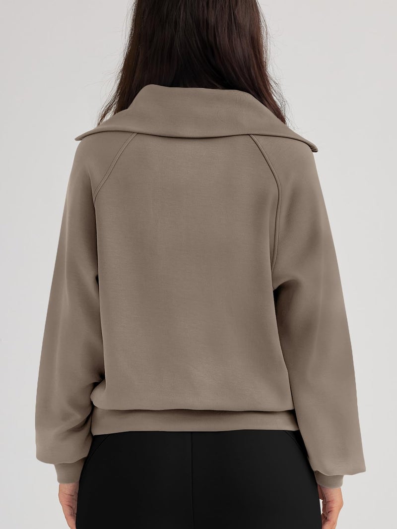 Trendy Queen Women's Oversized Quarter Zip Sweatshirts - Cropped Drop Shoulder Hoodie, Soft Y2K Pullover for Fall and Winter CoffeeGrey S - Image 4