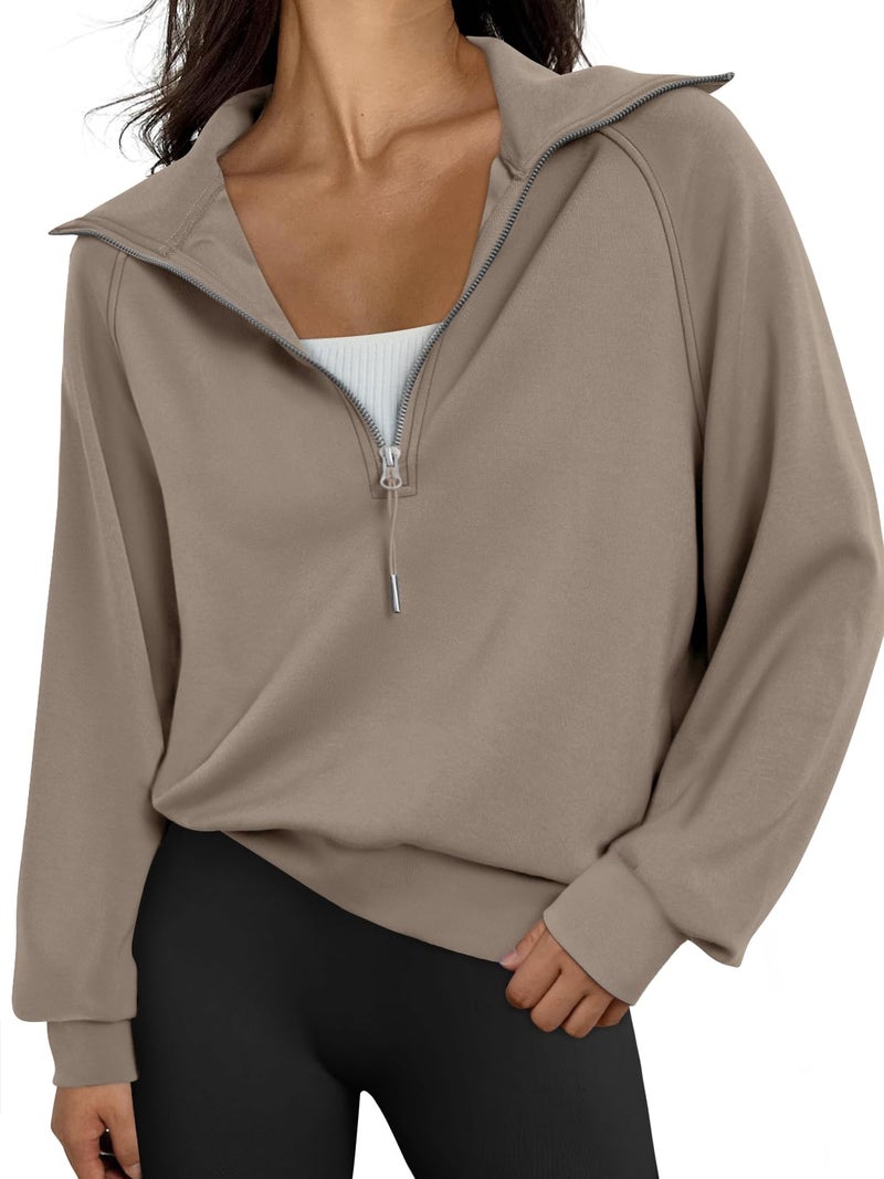Trendy Queen Women's Oversized Quarter Zip Sweatshirts - Cropped Drop Shoulder Hoodie, Soft Y2K Pullover for Fall and Winter CoffeeGrey S - Image 1