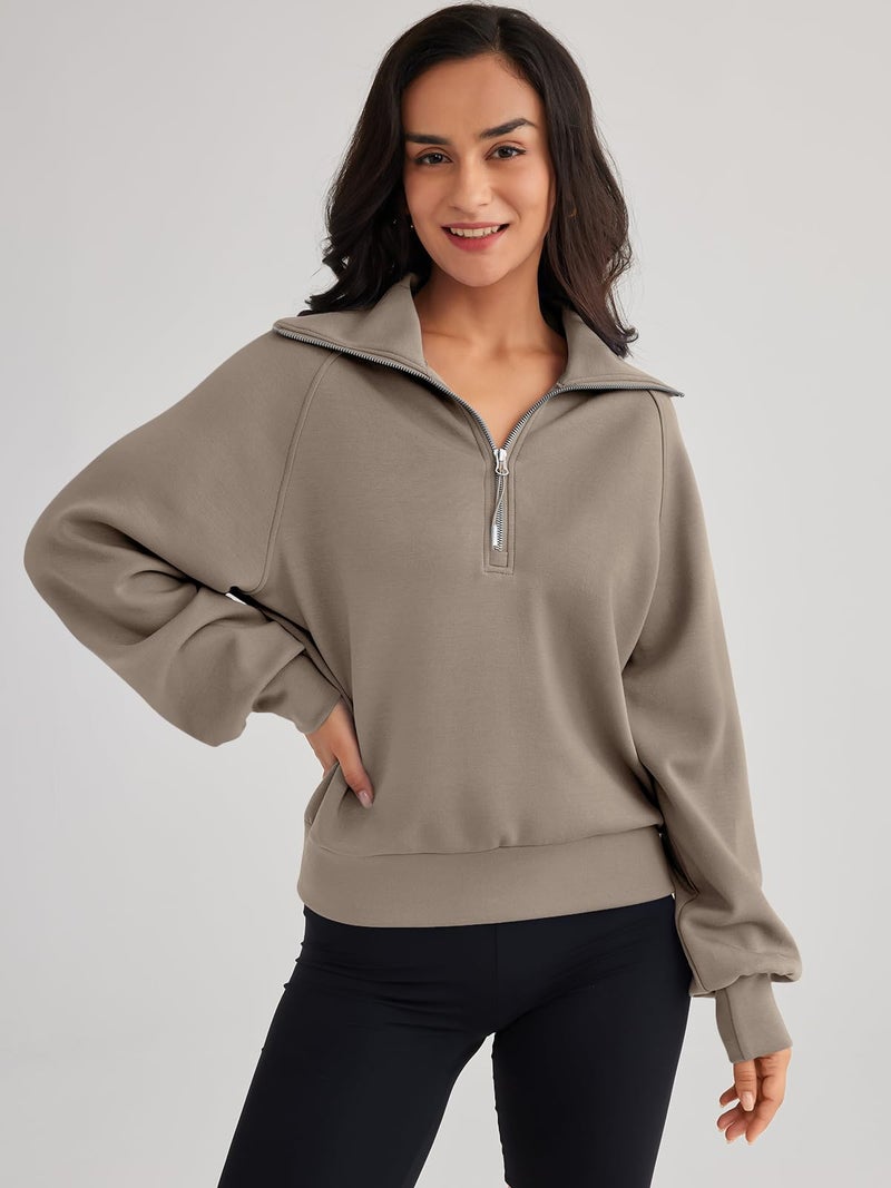 Trendy Queen Women's Oversized Quarter Zip Sweatshirts - Cropped Drop Shoulder Hoodie, Soft Y2K Pullover for Fall and Winter CoffeeGrey S - Image 2