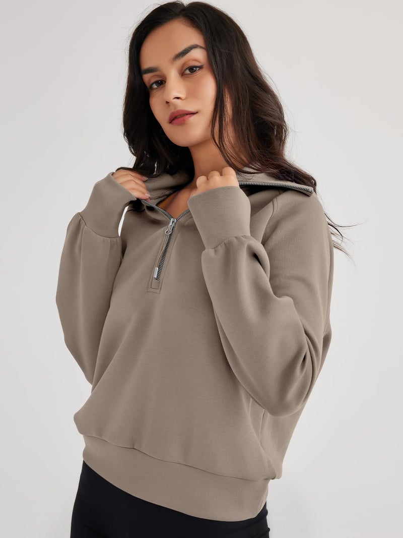 Trendy Queen Women's Oversized Quarter Zip Sweatshirts - Cropped Drop Shoulder Hoodie, Soft Y2K Pullover for Fall and Winter CoffeeGrey S - Image 3