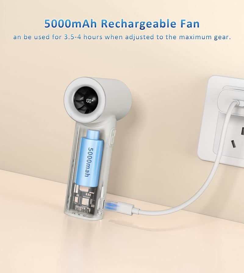 TONEOF 5000mAh Handheld Turbo Fan, Rechargeable Portable Personal Fan, Mini Desk Fans with a Lanyard, 5 Speeds, LED Display, High Speed Cooling, USB Fan for Travel/Outdoor/Indoor-Beige Grey - Image 4