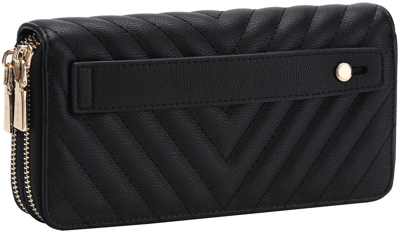 B BRENTANO Vegan Leather Double Zipper Pocket Wallet with Grip Hand Strap (Chevron Embroidered Black) - Image 2