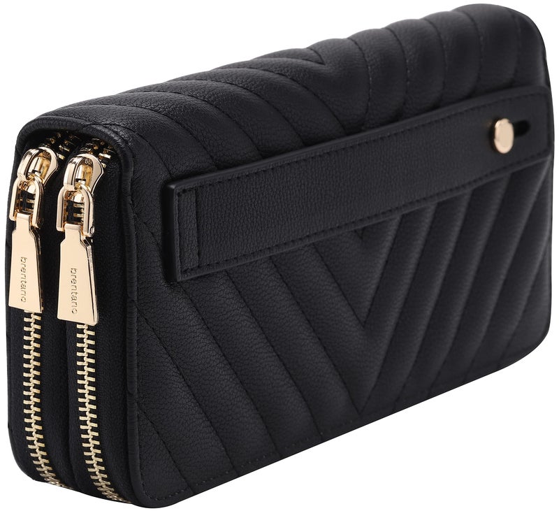 B BRENTANO Vegan Leather Double Zipper Pocket Wallet with Grip Hand Strap (Chevron Embroidered Black) - Image 1