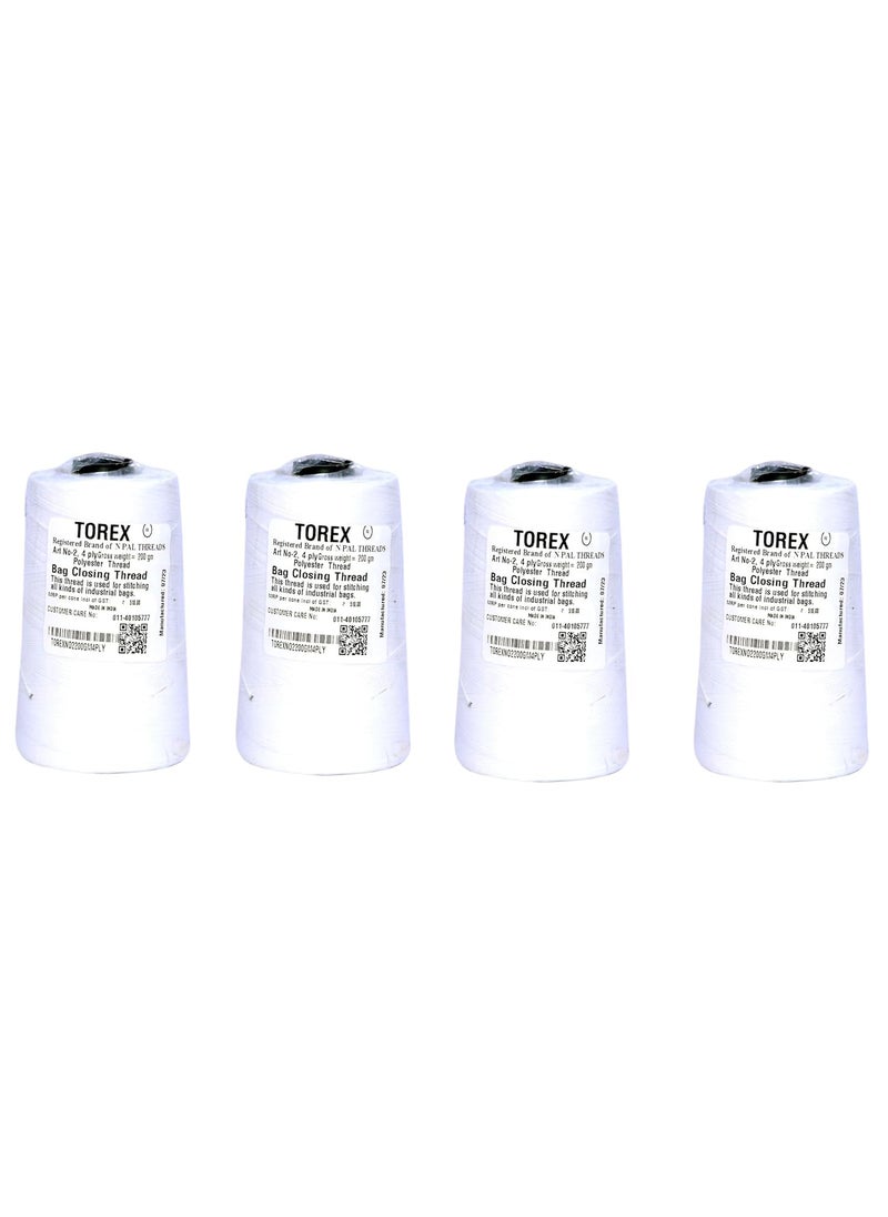 Torex TOREX� |4 Ply Polyester Thread 200 Gram Used for Stitching Unbreakable Bag Closing Thread (White Pack of 4 PCS)  - Image 1