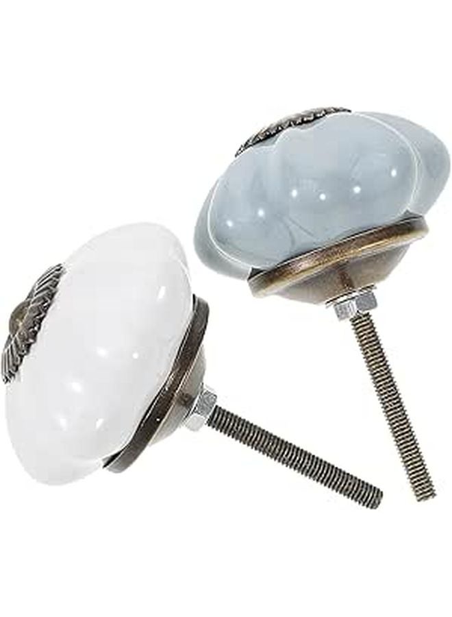 White And Light Blue Ceramic Pumpkin Cabinet Knobs Set Of 2 Drawer Pulls Hardware - Image 1