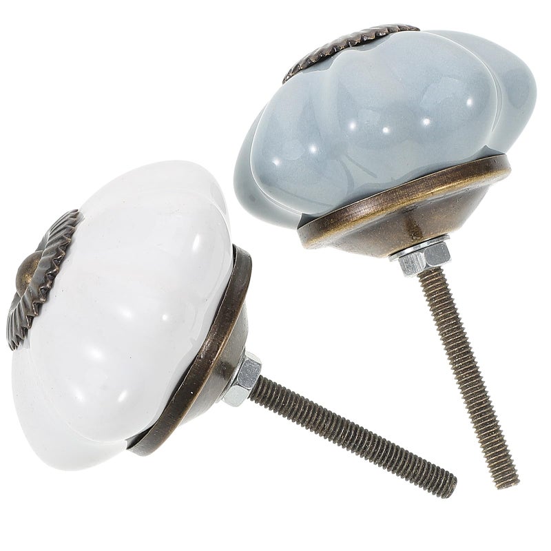 White And Light Blue Ceramic Pumpkin Cabinet Knobs Set Of 2 Drawer Pulls Hardware - Image 2
