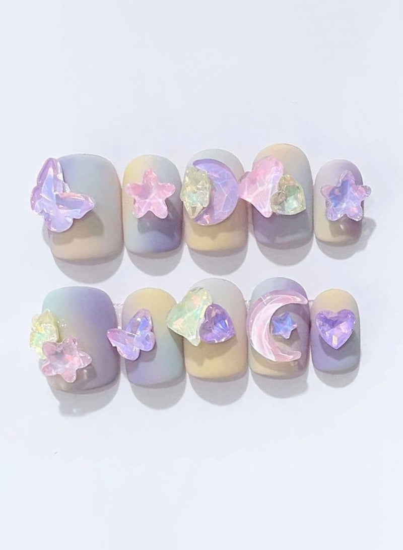 Generic 10 PCS Handmade False Nails, Fake Nails, Purple Pink Cute Japan Kawaii Star Moon, Short Press On Nails - Image 1