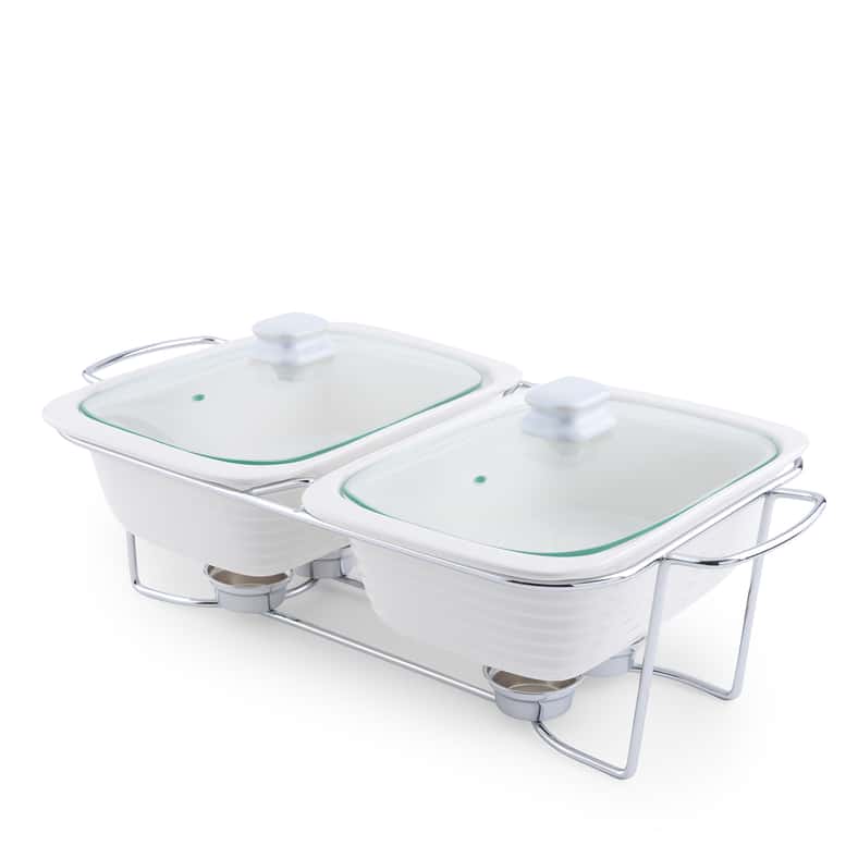 Pan Home Marlin Dual Rectangular Food Warmer With Glass Lid 3.3L - White - Image 2