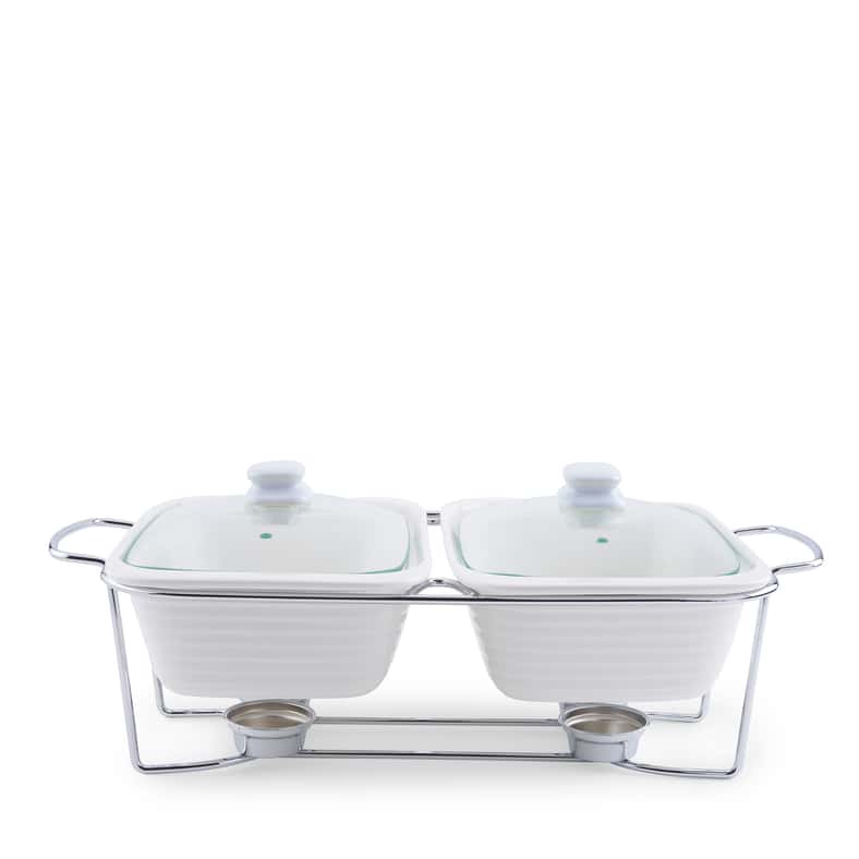 Pan Home Marlin Dual Rectangular Food Warmer With Glass Lid 3.3L - White - Image 1