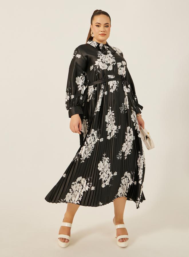 Plus Size Floral Print Pleated A-Line Maxi Dress