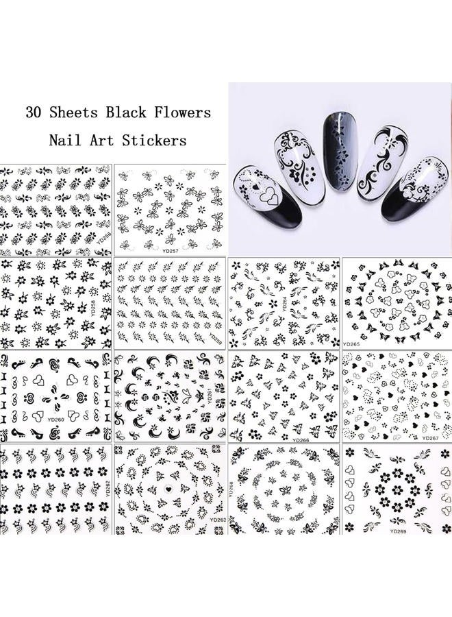TBRZTR 30 Sheets Black Flowers Nail Art Stickers, 3D Self- Adhesive Nail Sticker Design, Holographic Small Floral Nail Art Decals Nail Supplies for Women Girls Manicure Charms Decoration Floral Nail Decal - Image 3