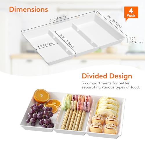 Lifewit Serving Tray Divided for Party Supplies, 4 PCS 15" x 10" Plastic Platters for Serving Food, White Reusable Tray for Veggie, Snack, Fruit, Cookies, Desserts in Kitchen/Pantry - Image 3