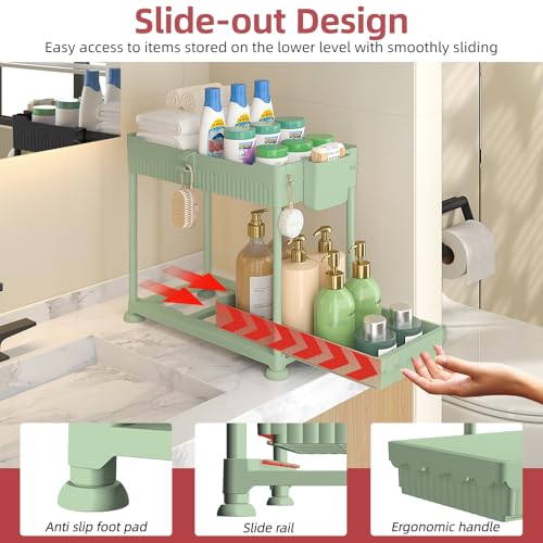 Sevenblue Under Sink Organizer, Bathroom Organizers and Storage, 2 Tier Multi-Use Pull Out Cabinet Organizer with Hang Hooks and Cups (Green, 4 Pack) - Image 2