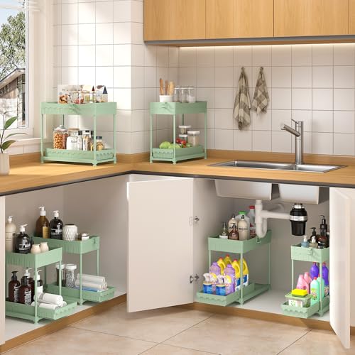 Sevenblue Under Sink Organizer, Bathroom Organizers and Storage, 2 Tier Multi-Use Pull Out Cabinet Organizer with Hang Hooks and Cups (Green, 4 Pack) - Image 4