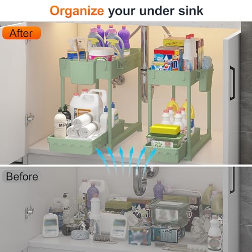 Sevenblue Under Sink Organizer, Bathroom Organizers and Storage, 2 Tier Multi-Use Pull Out Cabinet Organizer with Hang Hooks and Cups (Green, 4 Pack) - Image 3