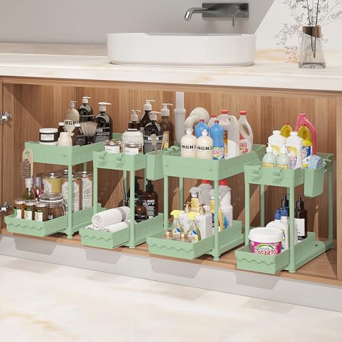 Sevenblue Under Sink Organizer, Bathroom Organizers and Storage, 2 Tier Multi-Use Pull Out Cabinet Organizer with Hang Hooks and Cups (Green, 4 Pack) - Image 1