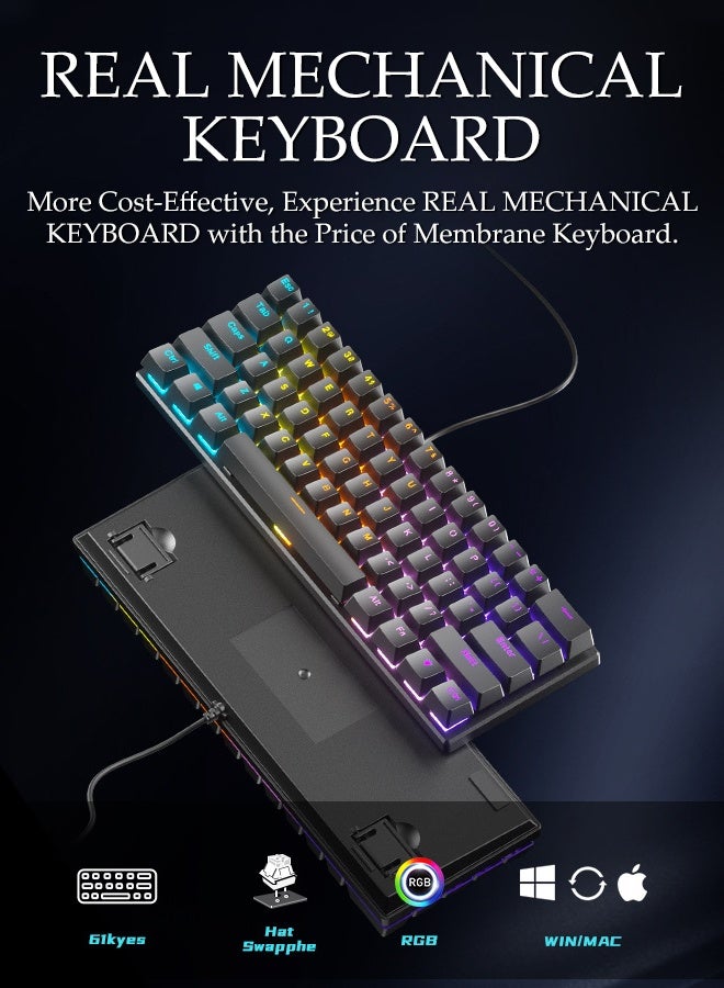 لوحة مفاتيح ألعاب RGB بـ 61 مفتاح، واجهة USB لنقل البيانات، لوحة مفاتيح ميكانيكية بإضاءة خلفية بـ 17 وضع، توصيل وتشغيل، تصميم مريح، 22 مفتاح للتجاوز - Image 2