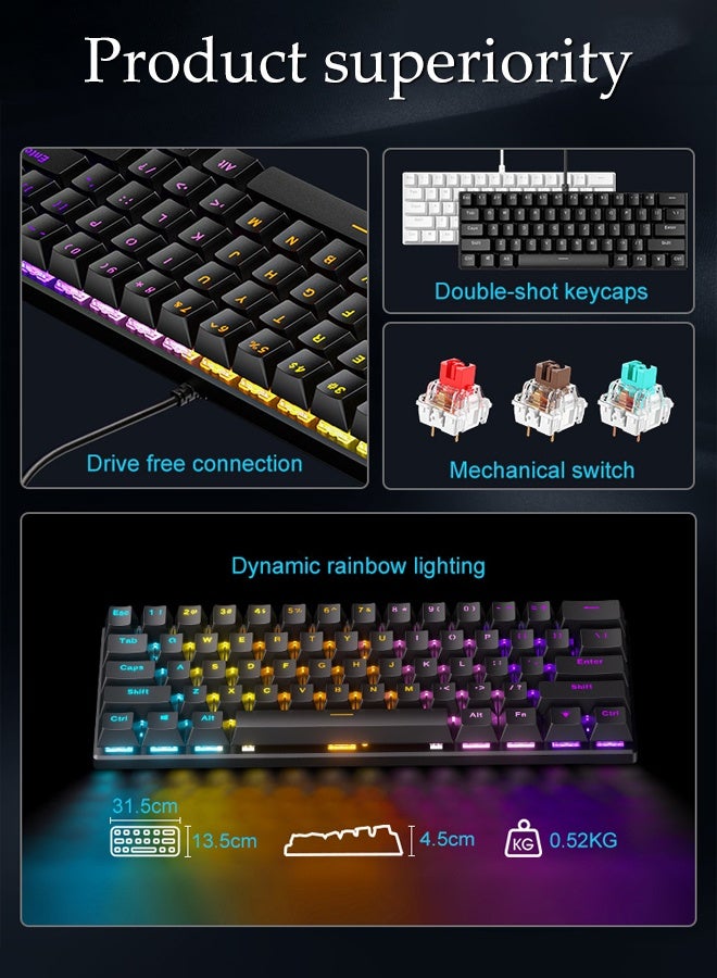 لوحة مفاتيح ألعاب RGB بـ 61 مفتاح، واجهة USB لنقل البيانات، لوحة مفاتيح ميكانيكية بإضاءة خلفية بـ 17 وضع، توصيل وتشغيل، تصميم مريح، 22 مفتاح للتجاوز - Image 3
