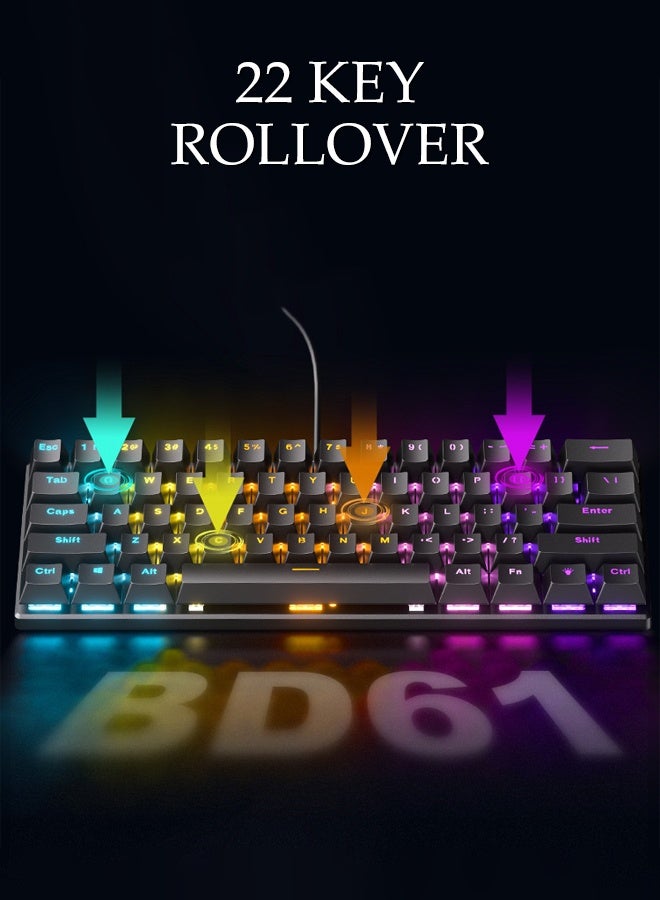 لوحة مفاتيح ألعاب RGB بـ 61 مفتاح، واجهة USB لنقل البيانات، لوحة مفاتيح ميكانيكية بإضاءة خلفية بـ 17 وضع، توصيل وتشغيل، تصميم مريح، 22 مفتاح للتجاوز - Image 5