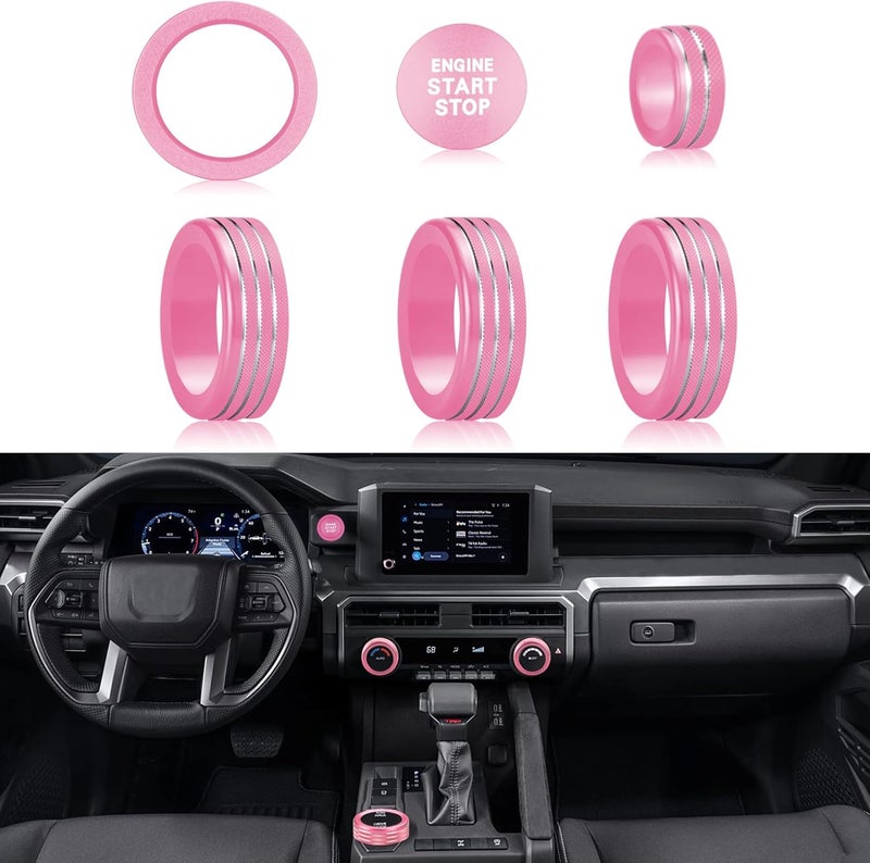 HDUFC For Toyota Tacoma 2024 2025/4Runner/4Runner Hybrid 2025 One Touch Start, Screen Center Console Button Knob Cover Ring Air Conditioner AC Switch Audio Aluminum Alloy Parts 6pcs (8-inch screen, pink) - Image 1