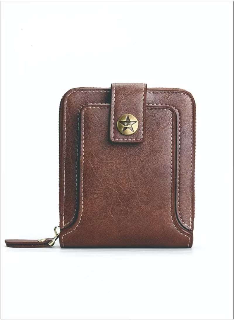 CarrKen Men's short wallet European and American fashion retro multifunctional wallet zipper card slot brown (12*11CM) - Image 1