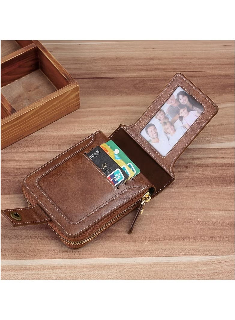 CarrKen Men's short wallet European and American fashion retro multifunctional wallet zipper card slot brown (12*11CM) - Image 5
