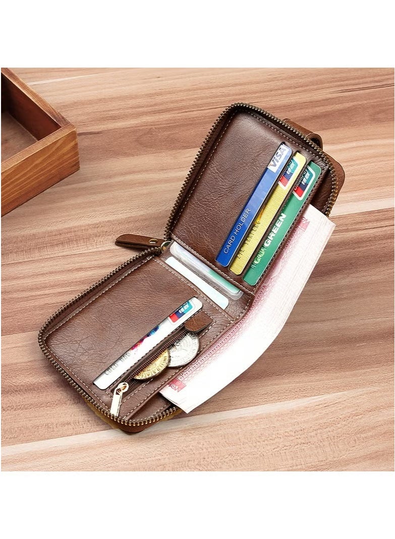 CarrKen Men's short wallet European and American fashion retro multifunctional wallet zipper card slot brown (12*11CM) - Image 4