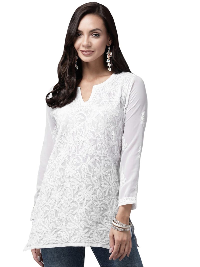 Ada Hand Embroidered Lucknow Chikankari Georgette Short Kurti Top for Girls & Women A911234 (M, White) - Image 1