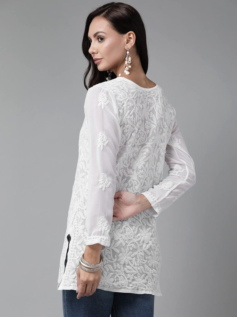 Ada Hand Embroidered Lucknow Chikankari Georgette Short Kurti Top for Girls & Women A911234 (M, White) - Image 2