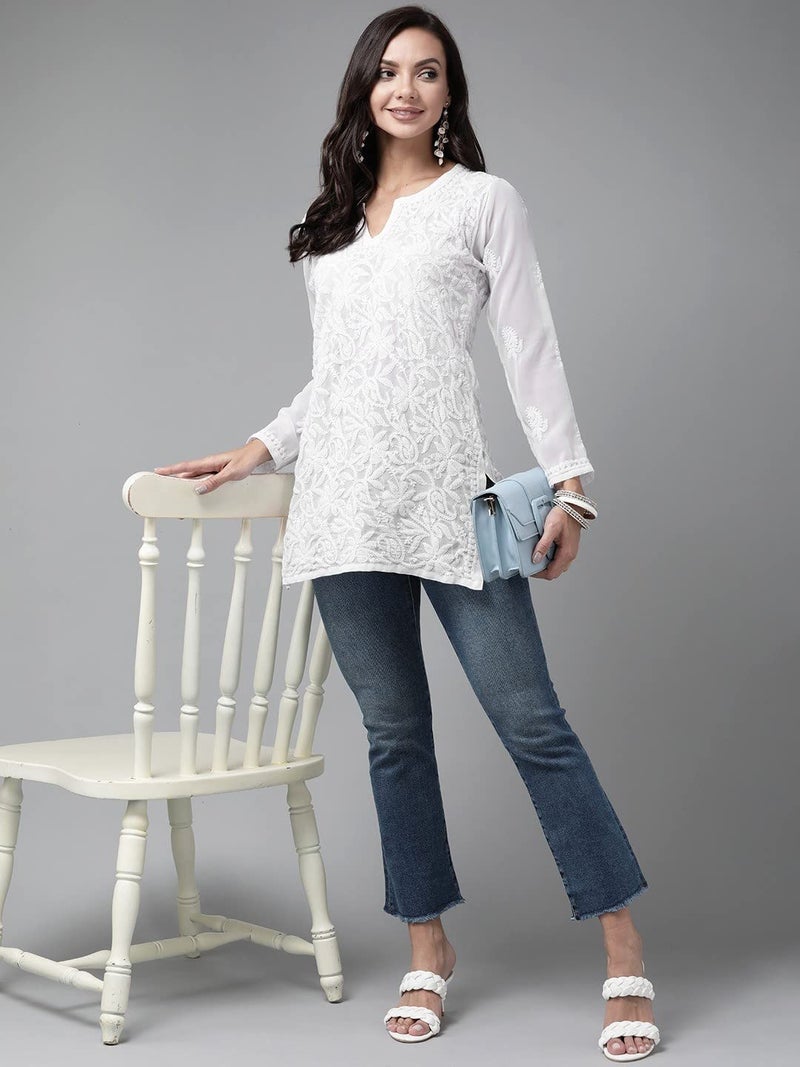Ada Hand Embroidered Lucknow Chikankari Georgette Short Kurti Top for Girls & Women A911234 (M, White) - Image 5