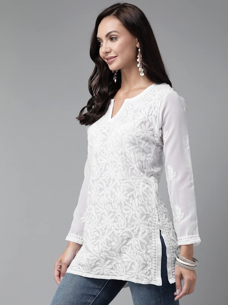 Ada Hand Embroidered Lucknow Chikankari Georgette Short Kurti Top for Girls & Women A911234 (M, White) - Image 4