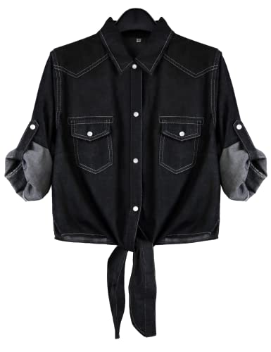 Omoone Women's 3/4 Sleeve Denim Crop Top Tie Knot Shirt Cardigan(0774-Black01-L) - Image 1