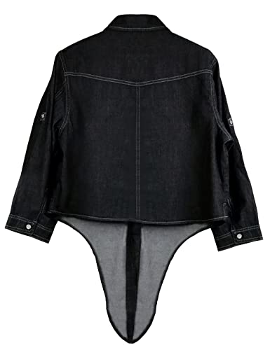 Omoone Women's 3/4 Sleeve Denim Crop Top Tie Knot Shirt Cardigan(0774-Black01-L) - Image 2