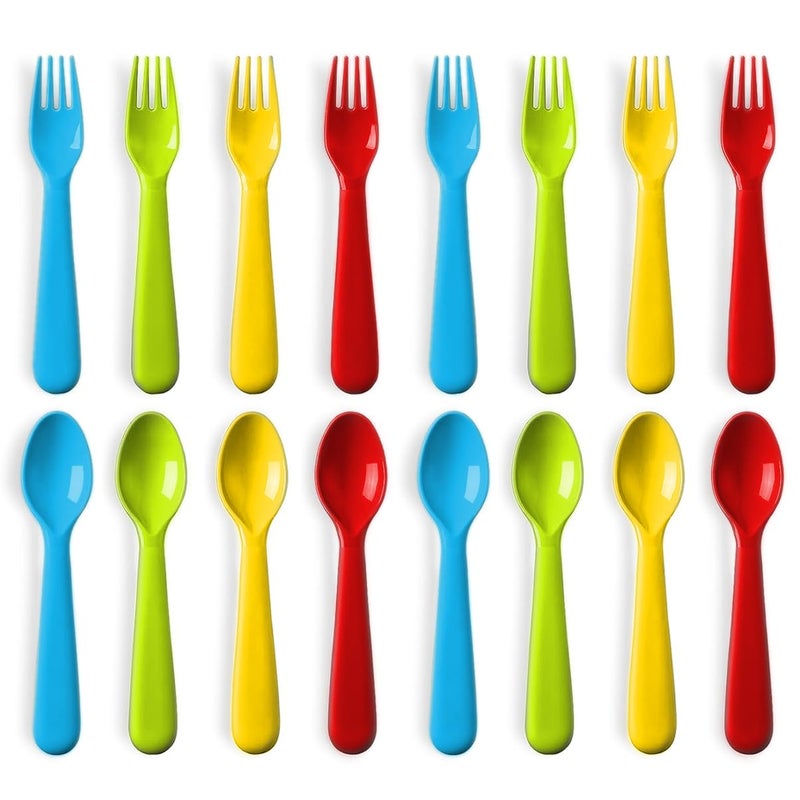 Plaskidy 16 Pc Plastic Toddler Utensils Set  8 Kids Forks  8 Kids Spoons BPA FreeDishwasher Safe Brightly Colored Silverware Great for Toddlers