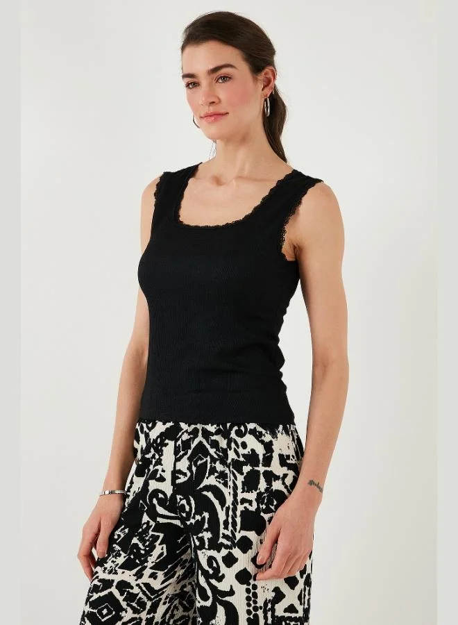 Lela Lela Slim Fit Thick Strap Lace Square Neck Crinkle Tank Top Women's Tank Top 5864979