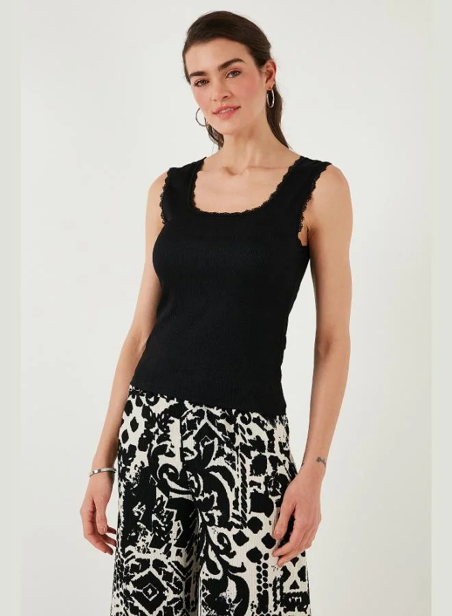 Lela Lela Slim Fit Thick Strap Lace Square Neck Crinkle Tank Top Women's Tank Top 5864979