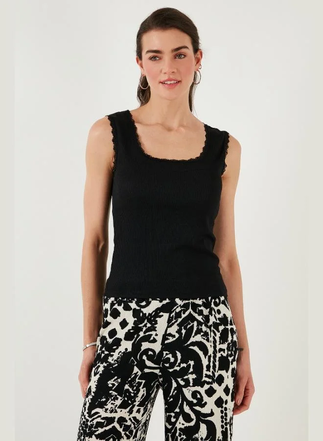 Lela Lela Slim Fit Thick Strap Lace Square Neck Crinkle Tank Top Women's Tank Top 5864979