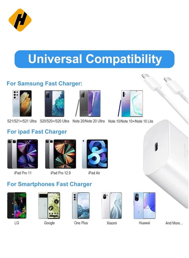 25W Fast Charger Plug for Samsung Galaxy with 2PCS 5FT USB-C Cables – White