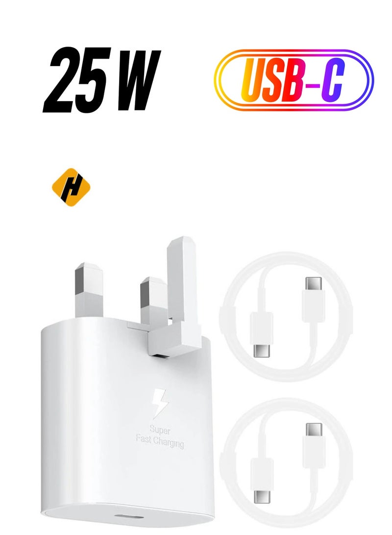 25W Fast Charger Plug for Samsung Galaxy with 2PCS 5FT USB-C Cables – White