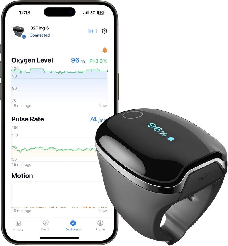 Wellue مراقب الأكسجين Wellue O2RingS مع تذكير بالاهتزاز ومقياس نبض بلوتوث يتتبع مستوى SPO2 ومعدل النبض مع عمر بطارية 24 ساعة و410 ساعات ذاكرة مدمجة قابلة لإعادة الشحن مع تطبيق مجاني للكمبيوتر - Image 1