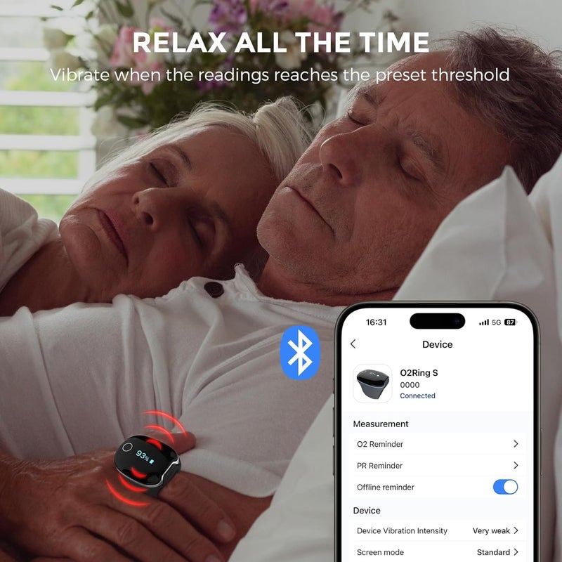 Wellue مراقب الأكسجين Wellue O2RingS مع تذكير بالاهتزاز ومقياس نبض بلوتوث يتتبع مستوى SPO2 ومعدل النبض مع عمر بطارية 24 ساعة و410 ساعات ذاكرة مدمجة قابلة لإعادة الشحن مع تطبيق مجاني للكمبيوتر - Image 5