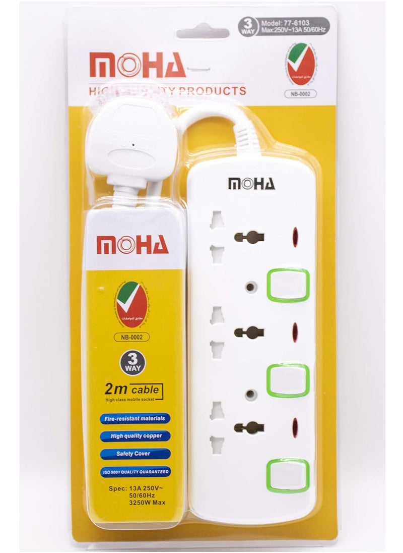 MOHA - 3-Way Socket Power Extension With White 2meter - Image 1